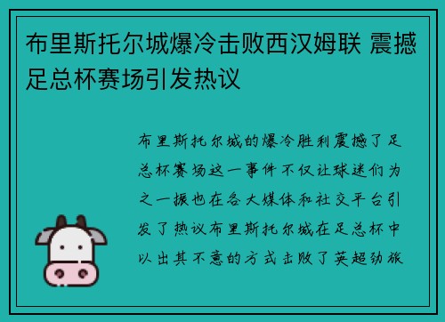 布里斯托尔城爆冷击败西汉姆联 震撼足总杯赛场引发热议 布里斯托尔城爆冷击败西汉姆联 震撼足总杯赛场引发热议